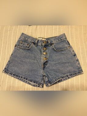 High-Rise Button-Fly Blue Denim Shorts